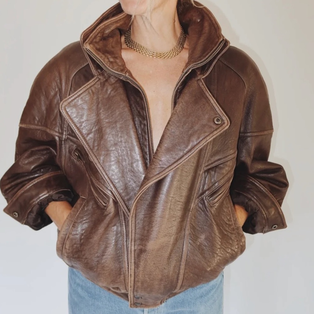 Wilson’s XL Men's Funnel Neck, Double Breasted Brown Leather Jacket